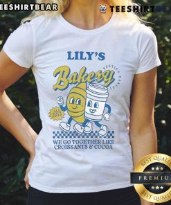 Official Lilys Bakery We Go Together Like Croissants And Cocoa Ladies Tee in pastel colors with playful design.