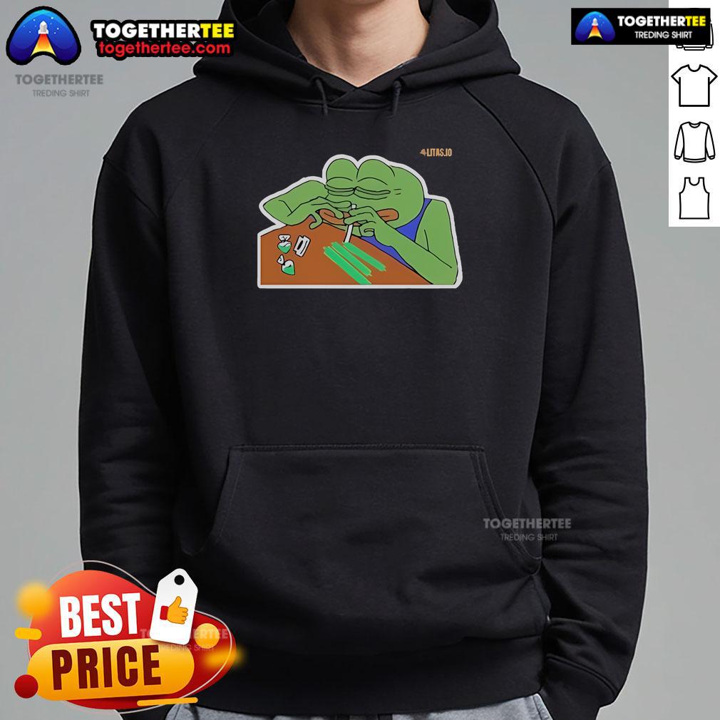 Official Litas.Io Pepe Addict Hoodie Official Litas.io Pepe Addict Hoodie featuring a vibrant Pepe the Frog design, perfect for casual streetwear style.
