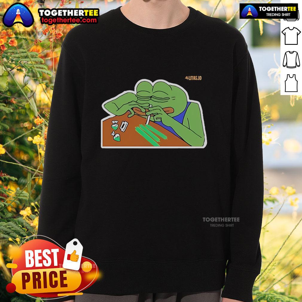 Official Litas.Io Pepe Addict Sweatshirt Official Litas.io Pepe Addict Sweatshirt featuring vibrant Pepe the Frog design, perfect for meme enthusiasts and casual wear.
