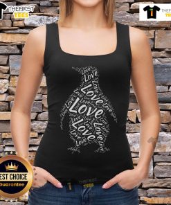Alt Text: Official Love Penguins silhouette word cloud on a stylish tank top for penguin lovers.