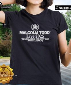 Official Malcolm Todd Live 2025 The Wholesome Rockstar Tour North America ladies tee featuring vibrant tour graphics.