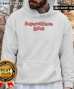 Official Medium Build Superstitious Bitch Hoodie in black with bold graphic design, perfect for casual streetwear style.