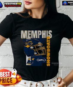 Alt Text: Official Memphis Showboats helmet frame on a UFL ladies tee, showcasing team pride and style for fans.
