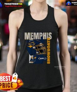 Official Memphis Showboats helmet frame displayed on UFL tank top, showcasing team pride and sports memorabilia.