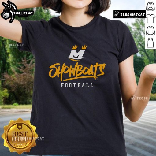 Alt Text: Stylized text of Official Memphis Showboats on a ladies tee, showcasing team pride and stylish apparel.