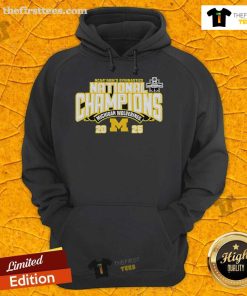 Official Michigan Wolverines 2025 NCAA Men's Gymnastics National Champions hoodie showcasing team colors and logo.