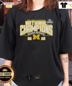 Official Michigan Wolverines 2025 NCAA Men's Gymnastics National Champions ladies tee showcasing team pride and victory.