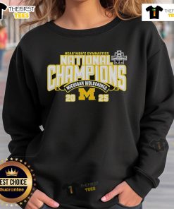 Official Michigan Wolverines 2025 NCAA Men's Gymnastics National Champions Sweatshirt in navy blue with logo design.
