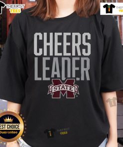 Alt Text: Official Mississippi State Bulldogs Cheer Leader Ladies Tee featuring team logo and vibrant maroon color.