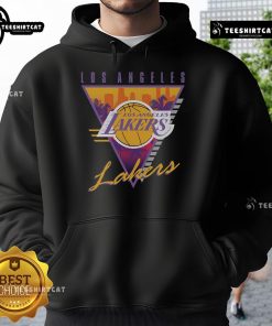 Alt Text: Official Mitchell & Ness Black Los Angeles Lakers Worldwide Collection Tri-Logo Hoodie featuring team logos and stylish design.
