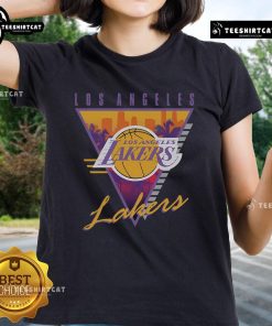 Alt Text: Official Mitchell & Ness Black Los Angeles Lakers Worldwide Collection Tri-Logo Ladies Tee showcasing stylish sportswear.