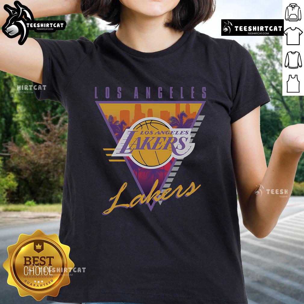 Official Mitchell & Ness Black Los Angeles Lakers Worldwide Collection Tri-Logo Ladies-Tee Alt Text: Official Mitchell & Ness Black Los Angeles Lakers Worldwide Collection Tri-Logo Ladies Tee showcasing stylish sportswear.