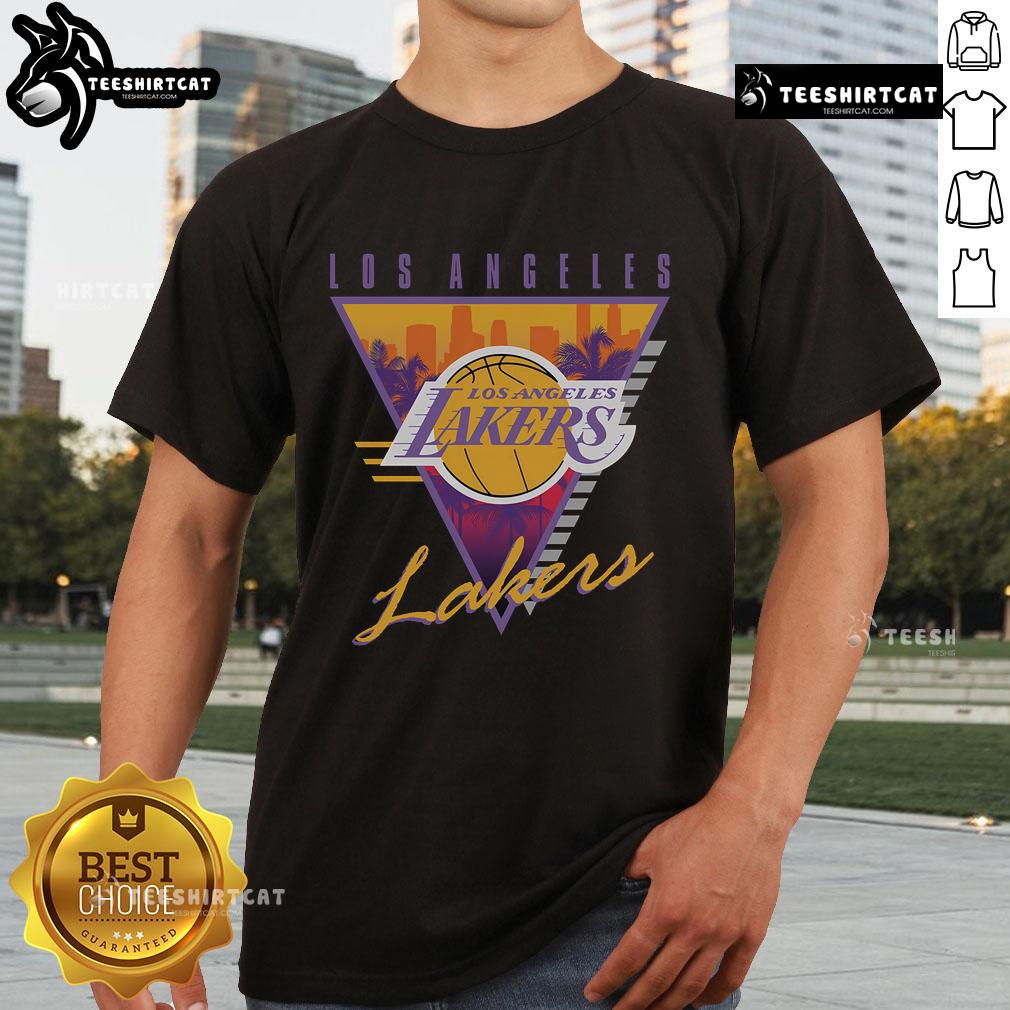 Official Mitchell & Ness Black Los Angeles Lakers Worldwide Collection Tri-Logo T-Shirt Alt Text: Official Mitchell & Ness Black Los Angeles Lakers Tri-Logo T-Shirt from the Worldwide Collection, stylish and sporty.