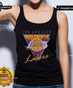 Alt Text: Official Mitchell & Ness black Los Angeles Lakers Worldwide Collection tri-logo tank top featuring vibrant team colors.