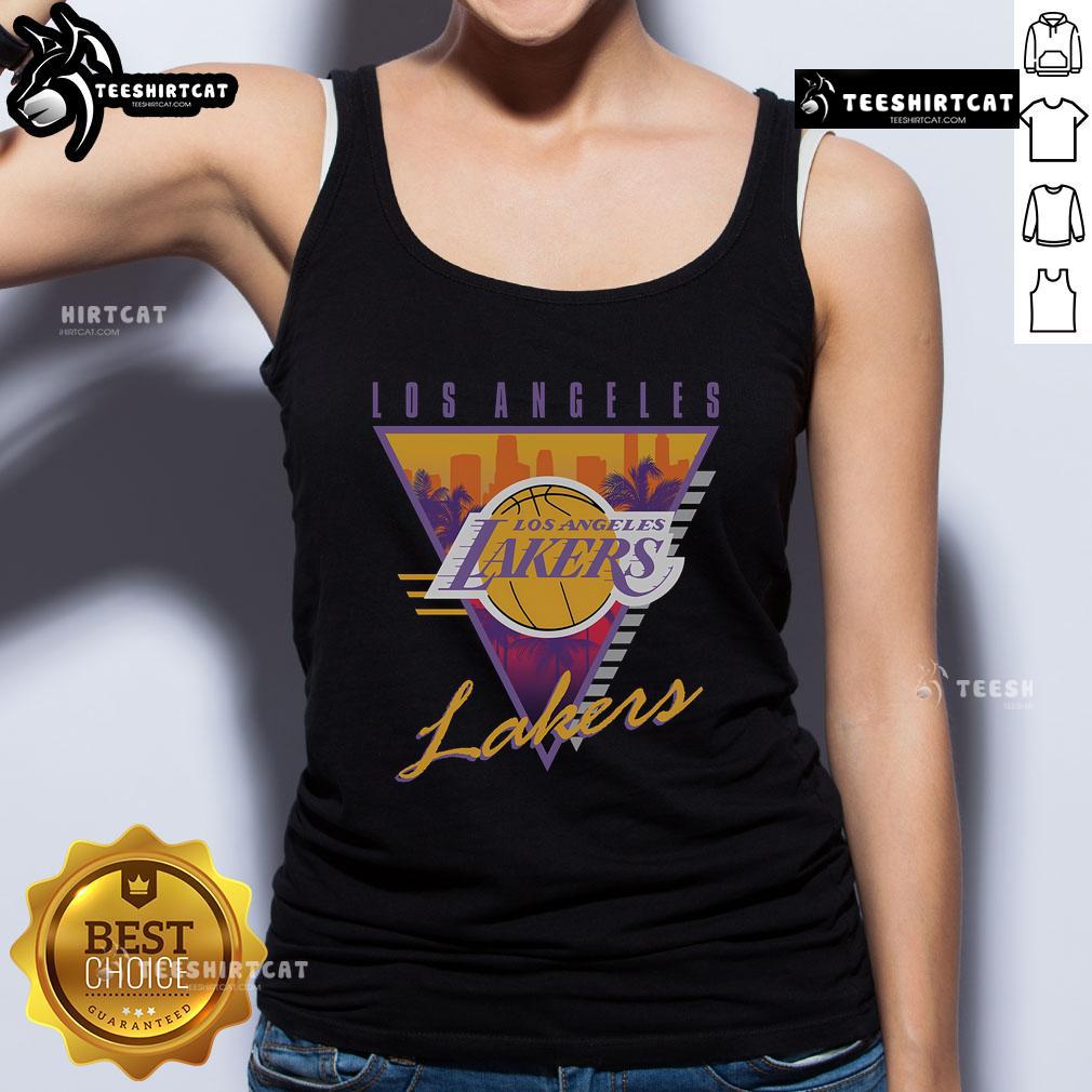 Official Mitchell & Ness Black Los Angeles Lakers Worldwide Collection Tri-Logo Tank Top Alt Text: Official Mitchell & Ness black Los Angeles Lakers Worldwide Collection tri-logo tank top featuring vibrant team colors.