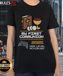 Alt Text: Official My 1st First Communion 2025 Controller Video Game Ladies Tee featuring a stylish design for gamers.