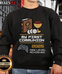 Official My 1st First Communion 2025 Controller Video Game Sweatshirt featuring playful gaming graphics for kids.