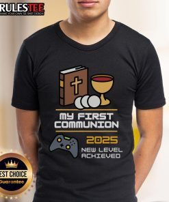 Official My 1st Communion 2025 Controller Video Game T-Shirt featuring a fun gaming design for kids' special day.
