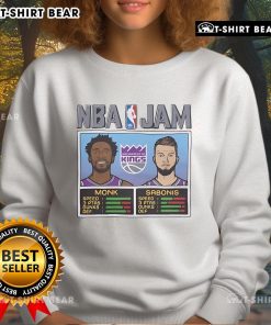 Alt Text: Official NBA Jam Clippers sweatshirt featuring Leonard and Harden performing dynamic dunks with Speed 3 Ptas design.
