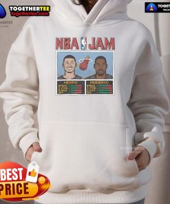 Official NBA Jam hoodie featuring players Tyler Herro and Bam Adebayo, perfect for Miami Heat fans and streetwear enthusiasts.