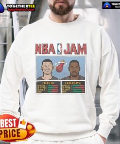 Official NBA Jam sweatshirt featuring Tyler Herro and Bam Adebayo, perfect for Miami Heat fans and basketball enthusiasts.
