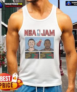 Alt Text: Official NBA Jam Hero and Adebayo tank top featuring bold graphics for basketball fans and Miami Heat supporters.