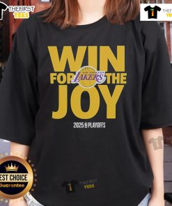Official NBA Playoffs win for the Joy Los Angeles Lakers logo on a stylish 2025 ladies' tee shirt.