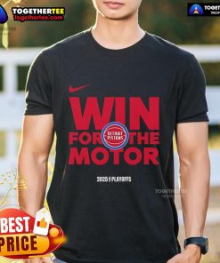 Official NBA Playoffs Win T-Shirt for Detroit Pistons 2025 featuring team logo and vibrant colors celebrating victory.