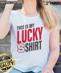 Official NC State Wolfpack This Is My Lucky Ladies Tee, featuring vibrant team colors and stylish design for fans.