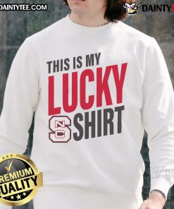 Alt Text: Official NC State Wolfpack sweatshirt featuring a bold This Is My Lucky Sweatshirt design in red and white.