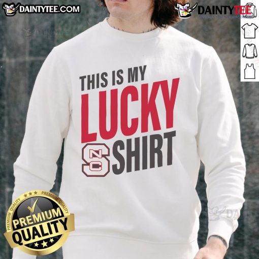 Alt Text: Official NC State Wolfpack sweatshirt featuring a bold This Is My Lucky Sweatshirt design in red and white.
