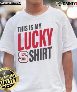 Alt Text: Official NC State Wolfpack This Is My Lucky T-Shirt featuring bold graphics and team colors for fans and supporters.