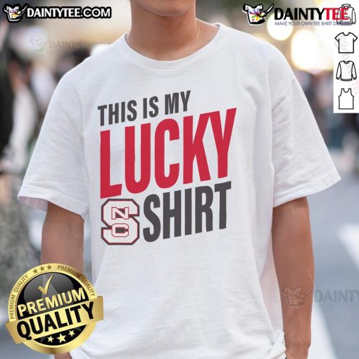 Alt Text: Official NC State Wolfpack This Is My Lucky T-Shirt featuring bold graphics and team colors for fans and supporters.