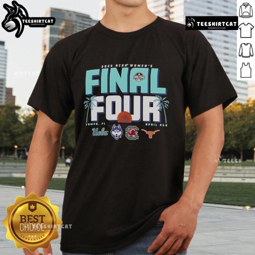 Official NCAA Women's Final Four Tampa Florida 2025 T-shirt featuring team logos and event branding in vibrant colors.
