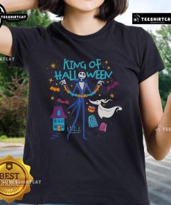 Official Nightmare Before Christmas King of Halloween Jack and Zero Black Halloween Ladies Tee for festive style.