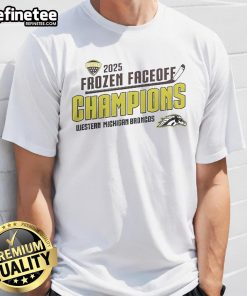 Official Nike Western Michigan University Bronco Hockey 2025 Frozen Faceoff Champions T-Shirt featuring team logo and design.