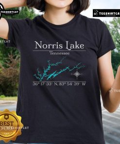 Official Norris Lake Tennessee Coordinates Ladies Tee shirt featuring stylish design and geographic coordinates.