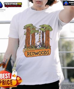 Official Peanuts Snoopy X California Redwoods T-Shirt featuring iconic Snoopy design among lush redwood trees.
