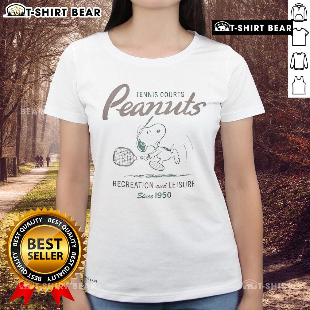 Official Peanuts Tennis Courts Recreation And Leisure Since 1950 Ladies Tee Alt Text: Official Peanuts Tennis Courts Ladies Tee, celebrating recreation and leisure since 1950, stylish and comfortable design.