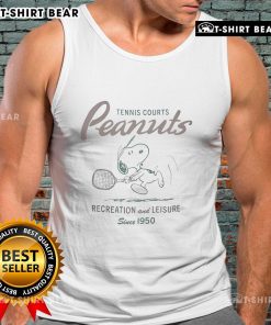Official Peanuts Tennis Courts tank top, celebrating recreation and leisure since 1950, perfect for sports enthusiasts.
