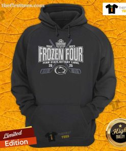 Official Penn State Nittany Lions 2025 NCAA Frozen Four men's ice hockey tournament hoodie in navy blue.