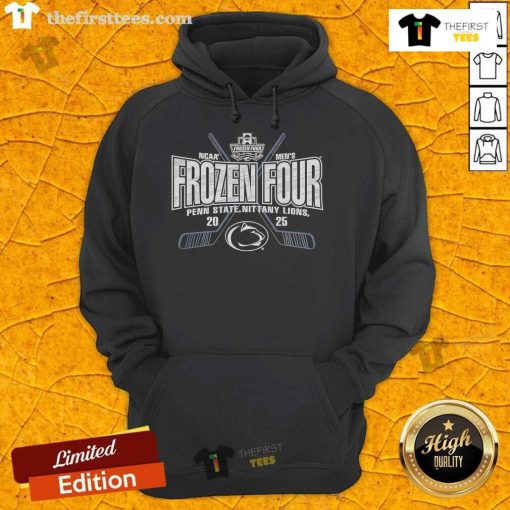 Official Penn State Nittany Lions 2025 NCAA Frozen Four men's ice hockey tournament hoodie in navy blue.