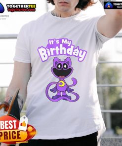 Alt Text: Official Poppy Playtime Catnap It's My Birthday T-Shirt featuring colorful graphics and playful design for fans.