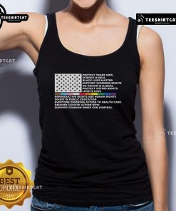 Tank top featuring 'Protect Trans Kids' and 'Black Lives Matter' slogans with an American flag design, supporting LGBTQ rights.