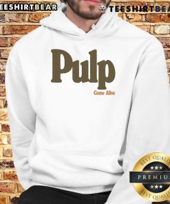 Alt Text: Official Pulp Come Alive logo hoodie featuring vibrant graphics and a comfortable fit, perfect for fans of the band.