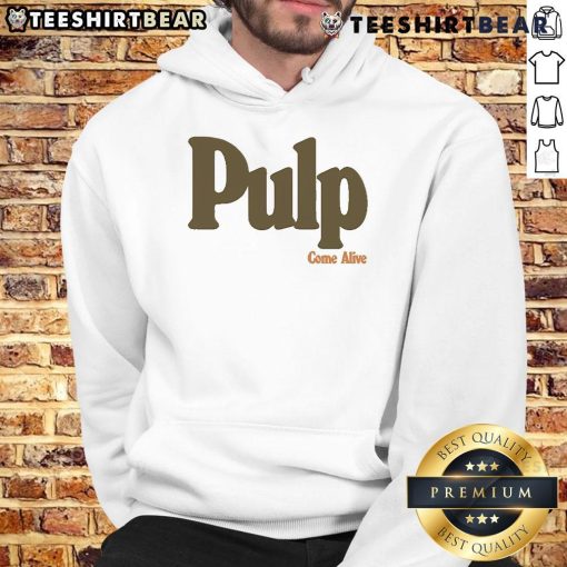Alt Text: Official Pulp Come Alive logo hoodie featuring vibrant graphics and a comfortable fit, perfect for fans of the band.