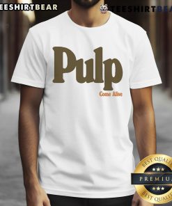 Alt Text: Official Pulp Come Alive Logo T-Shirt featuring bold graphic design and vibrant colors, perfect for fans of the band.