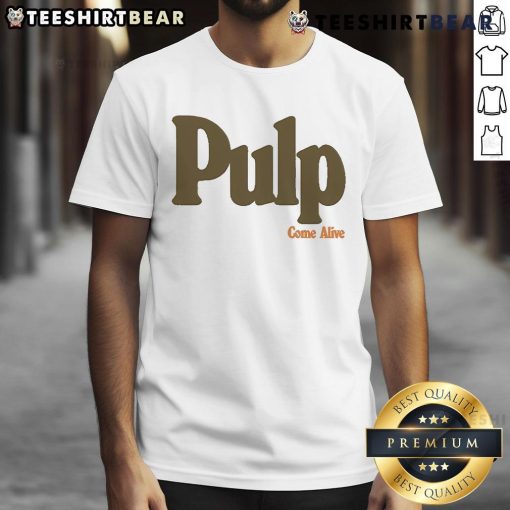 Alt Text: Official Pulp Come Alive Logo T-Shirt featuring bold graphic design and vibrant colors, perfect for fans of the band.