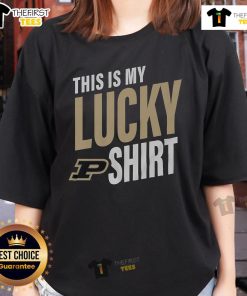 Official Purdue Boilermakers ladies tee in black with 'This Is My Lucky Tee' design, perfect for game day.