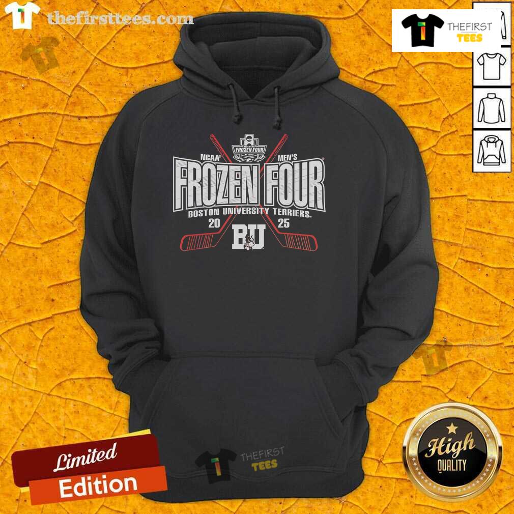 Official Red Boston Terriers 2025 NCAA Frozen Four Men's Ice Hockey Tournament Hoodie Alt Text: Official red Boston Terriers hoodie for the 2025 NCAA Frozen Four Men's Ice Hockey Tournament.